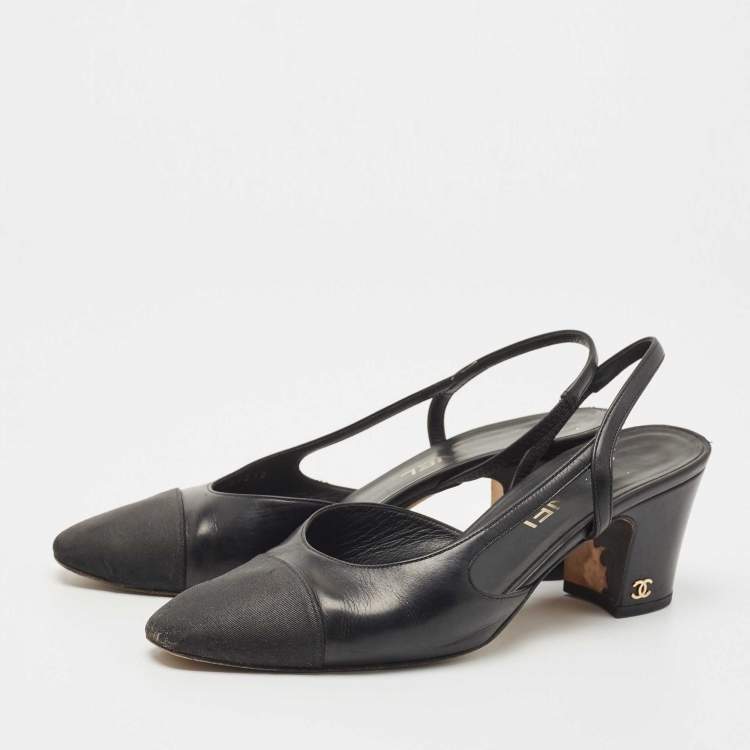 Pre Owned Chanel Black Leather And Canvas CC Slingback Pumps Size 37.5