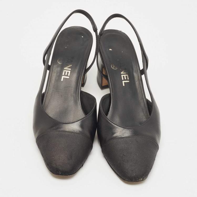 Pre Owned Chanel Black Leather And Canvas CC Slingback Pumps Size 37.5