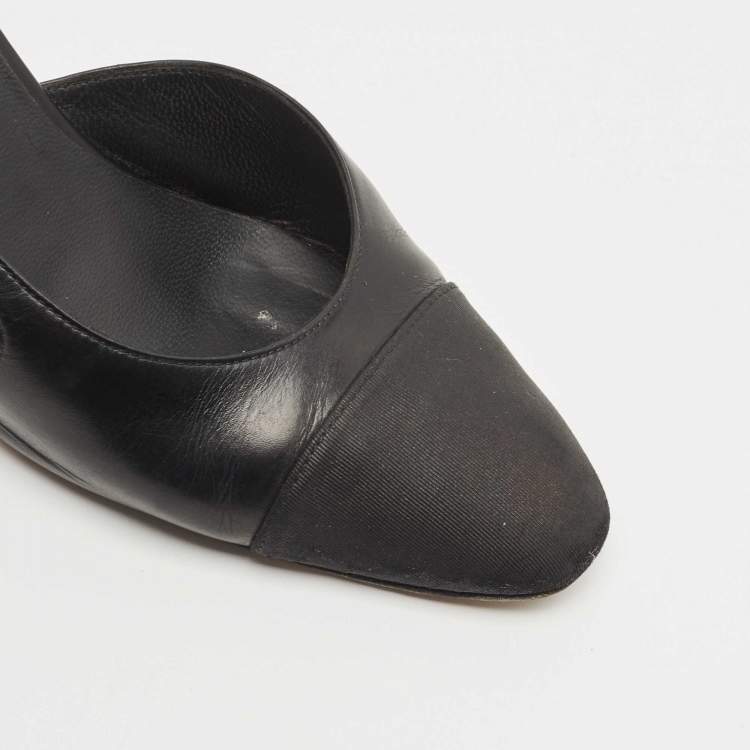 Pre Owned Chanel Black Leather And Canvas CC Slingback Pumps Size 37.5