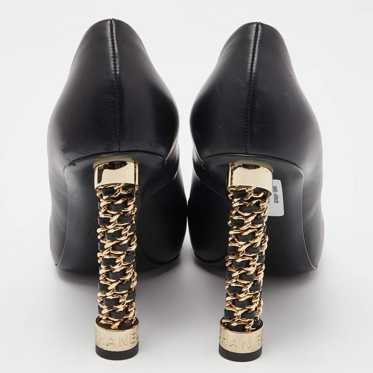 Pre Owned Chanel Black Leather Chain Detail Heel Pumps Size 39
