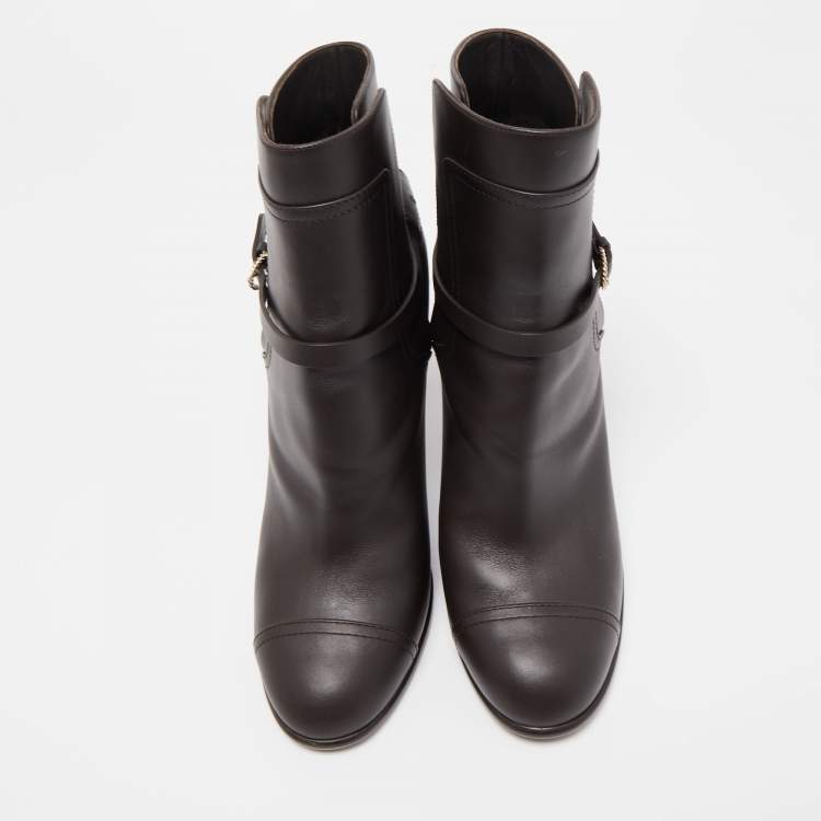 Pre Owned Chanel Black Leather CC Cap Toe Ankle Boots Size 41