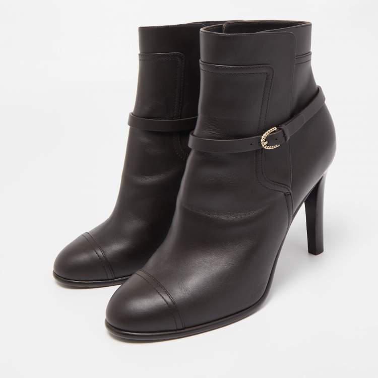 Pre Owned Chanel Black Leather CC Cap Toe Ankle Boots Size 41