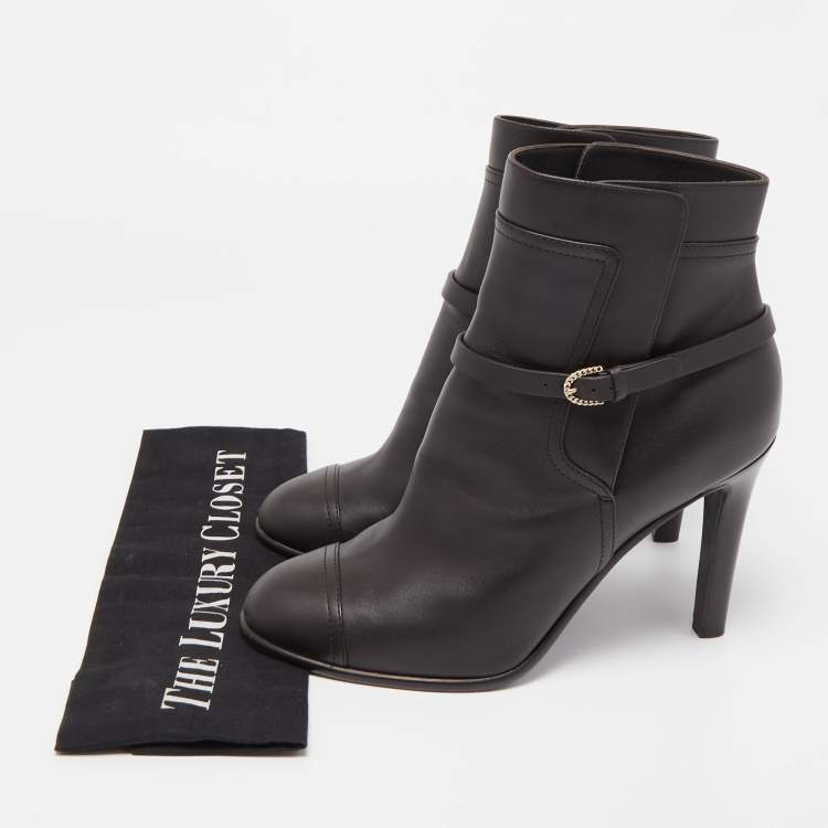 Pre Owned Chanel Black Leather CC Cap Toe Ankle Boots Size 41