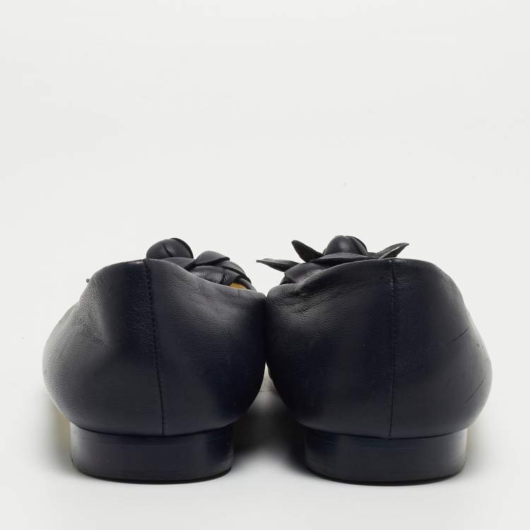 Pre Owned Chanel Blue Leather Camelia Flower CC Ballet Flats Size 38