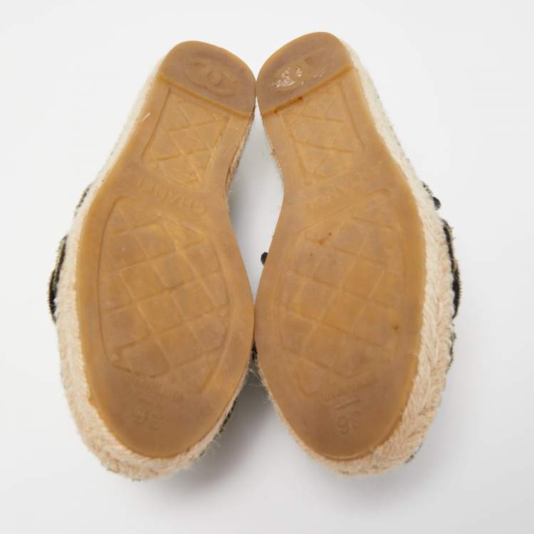 Pre Owned Chanel Olive Green Canvas CC Camelia Espadrille Flats Size 36