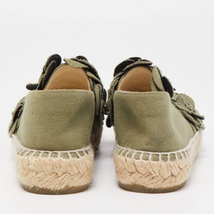 Pre Owned Chanel Olive Green Canvas CC Camelia Espadrille Flats Size 36