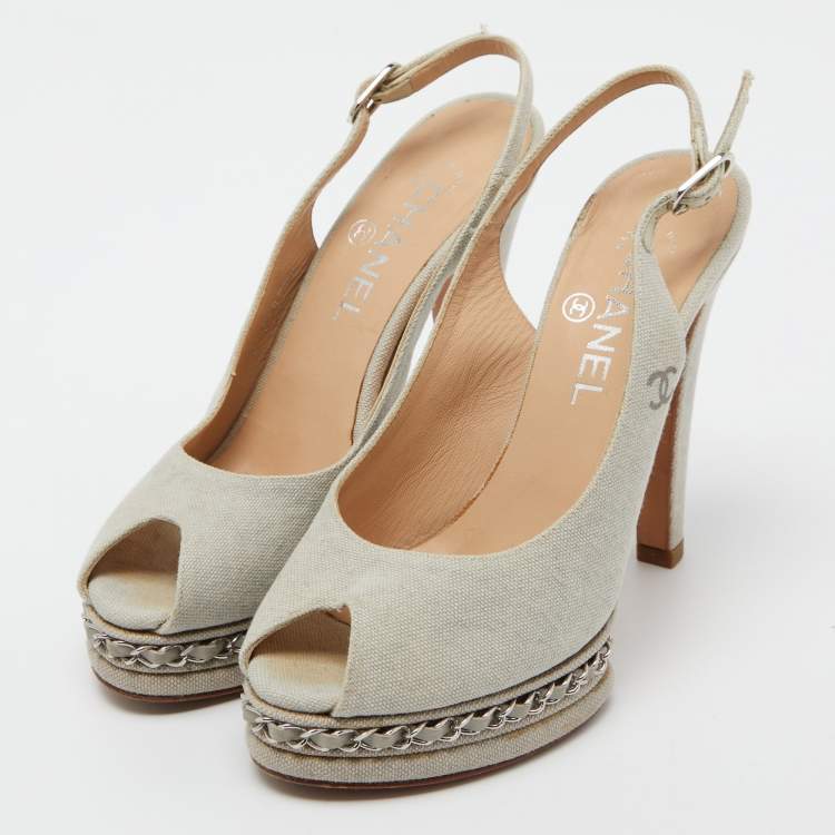 Pre Owned Chanel Grey Canvas CC Chain Link Platform Peep Toe Slingback Pumps Size 37.5