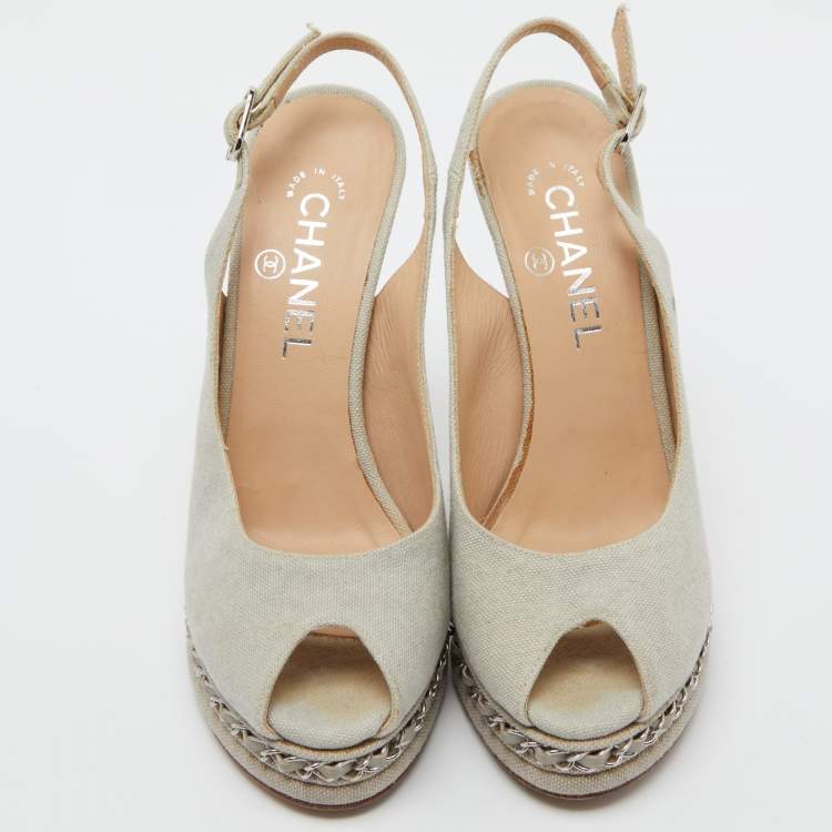 Pre Owned Chanel Grey Canvas CC Chain Link Platform Peep Toe Slingback Pumps Size 37.5
