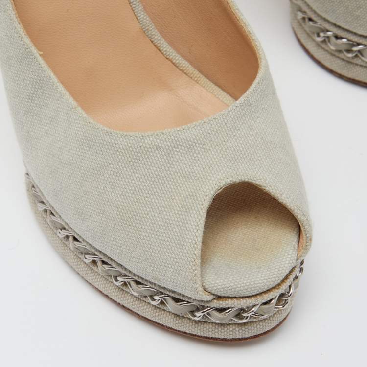 Pre Owned Chanel Grey Canvas CC Chain Link Platform Peep Toe Slingback Pumps Size 37.5