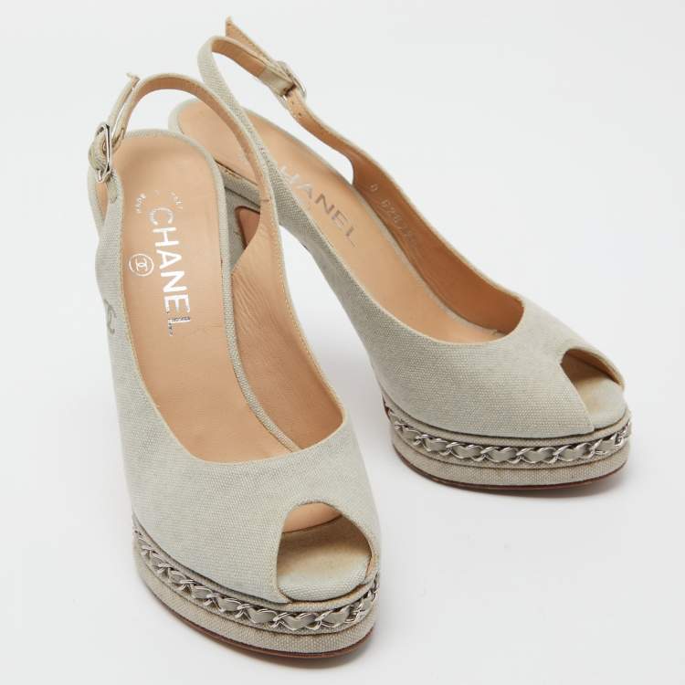 Pre Owned Chanel Grey Canvas CC Chain Link Platform Peep Toe Slingback Pumps Size 37.5