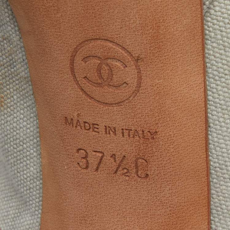 Pre Owned Chanel Grey Canvas CC Chain Link Platform Peep Toe Slingback Pumps Size 37.5