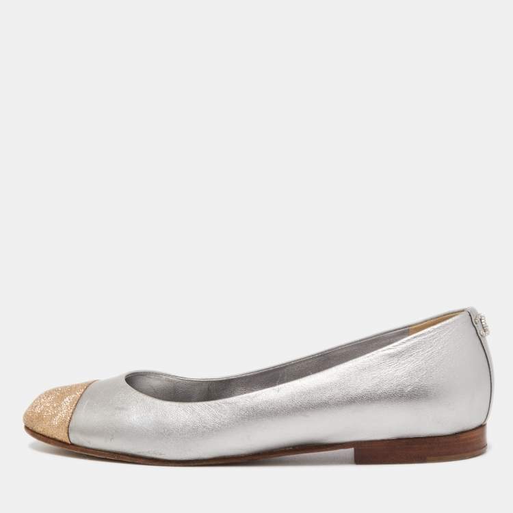 Chanel Metallic Gold/Silver Leather CC Cap Toe Ballet Flats Size 38 Chanel  | The Luxury Closet