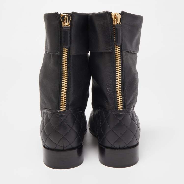 Pre Owned Chanel Black Quilted Leather CC Combat Boots Size 39