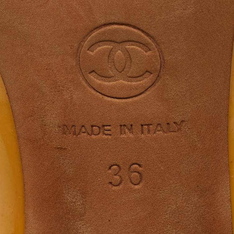 Pre Owned Chanel Yellow Patent Leather Peep Toe Block Heel Pumps Size 36