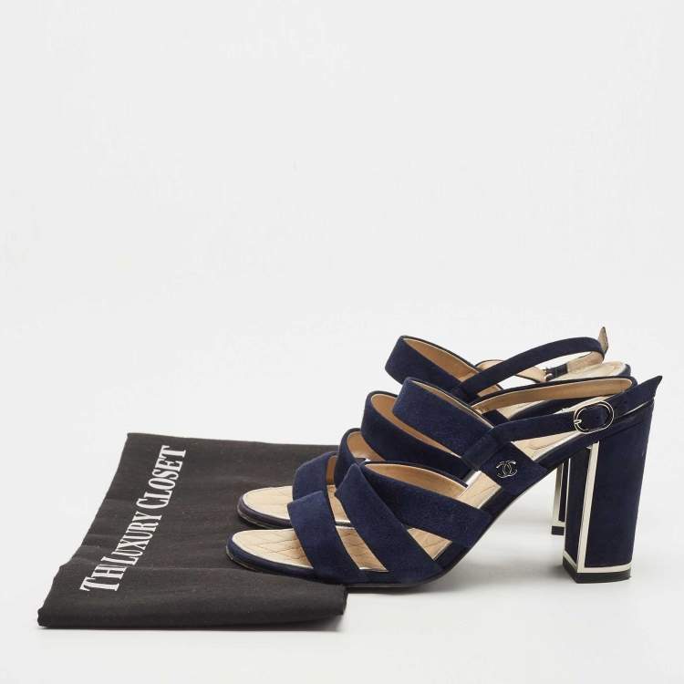 Pre Owned Chanel Navy Blue Suede Block Heel Ankle Strap Sandals Size 38