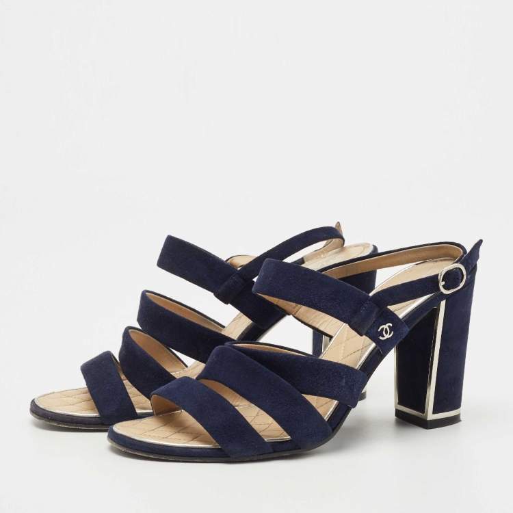 Pre Owned Chanel Navy Blue Suede Block Heel Ankle Strap Sandals Size 38