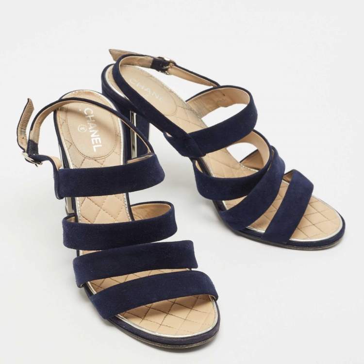 Pre Owned Chanel Navy Blue Suede Block Heel Ankle Strap Sandals Size 38