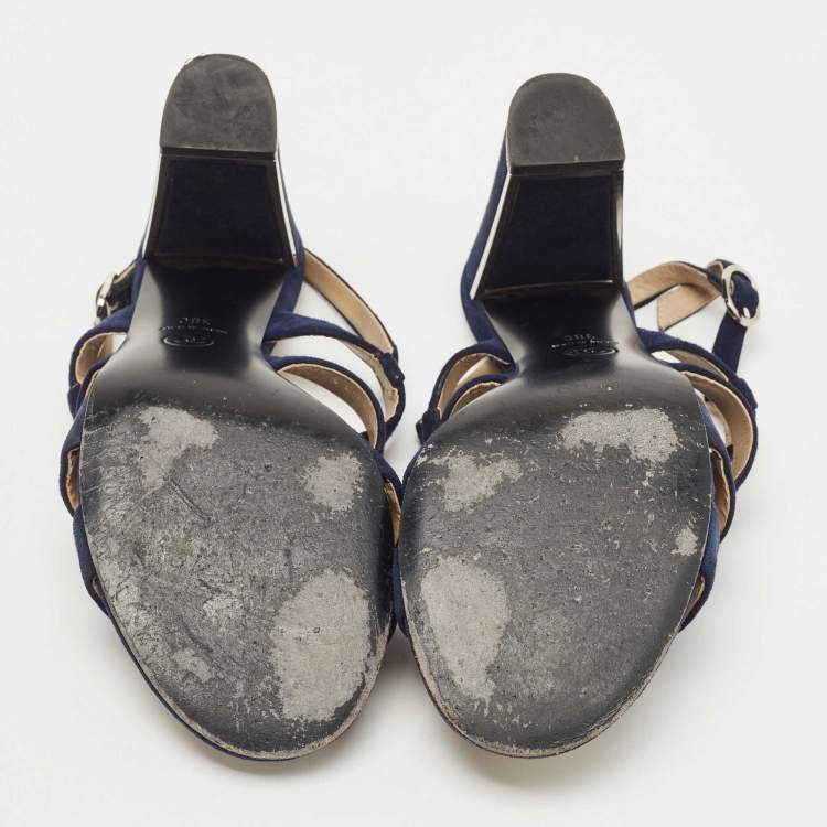 Pre Owned Chanel Navy Blue Suede Block Heel Ankle Strap Sandals Size 38