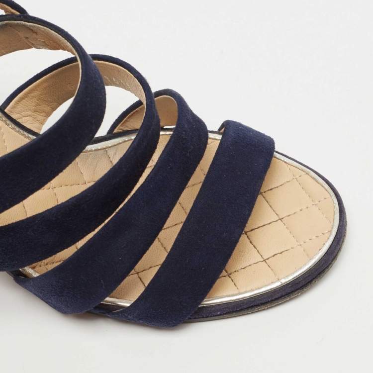 Pre Owned Chanel Navy Blue Suede Block Heel Ankle Strap Sandals Size 38