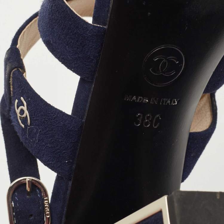Pre Owned Chanel Navy Blue Suede Block Heel Ankle Strap Sandals Size 38