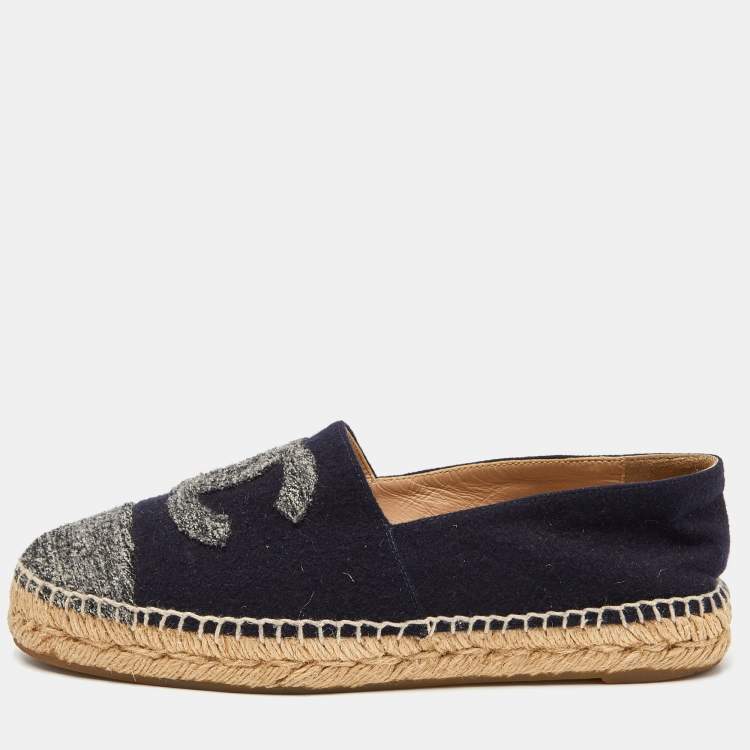 Pre Owned Chanel Blue/Grey Wool CC Cap Toe Espadrille Flats Size 38
