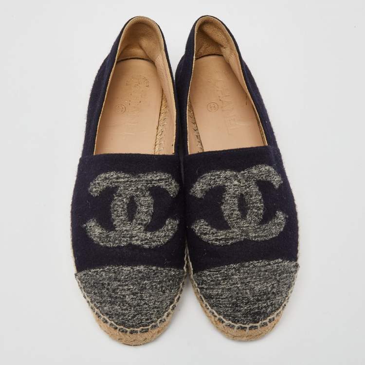 Pre Owned Chanel Blue/Grey Wool CC Cap Toe Espadrille Flats Size 38