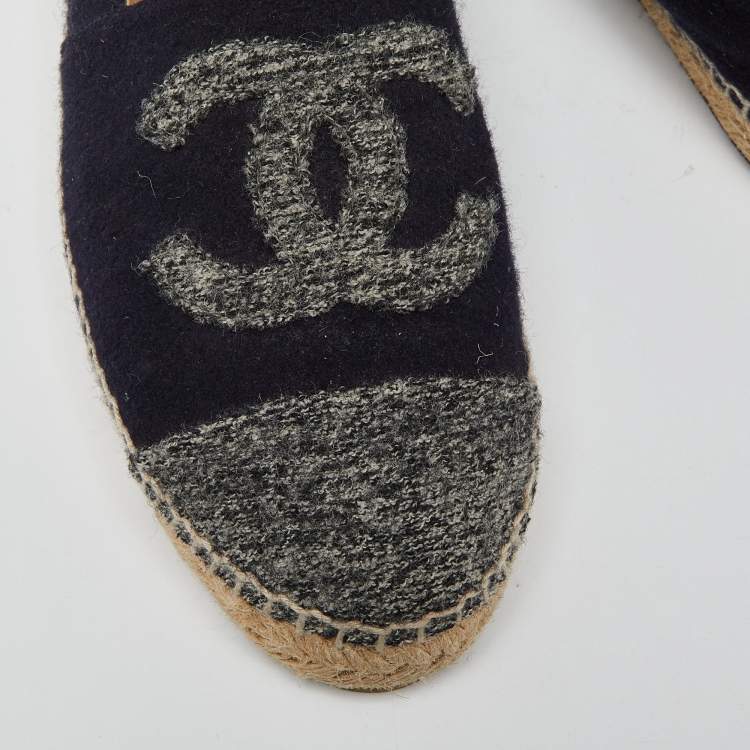 Pre Owned Chanel Blue/Grey Wool CC Cap Toe Espadrille Flats Size 38