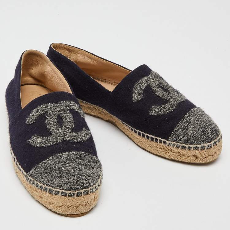 Pre Owned Chanel Blue/Grey Wool CC Cap Toe Espadrille Flats Size 38