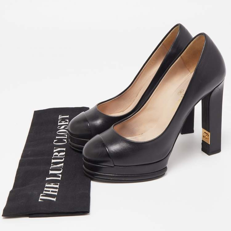 Pre Owned Chanel Black Leather CC Platform Pumps Size 36.5