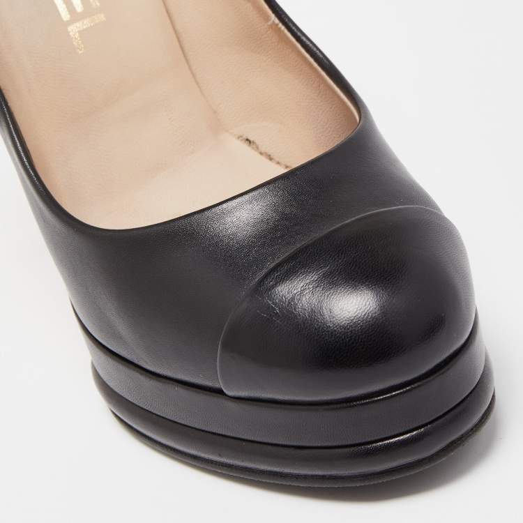 Pre Owned Chanel Black Leather CC Platform Pumps Size 36.5