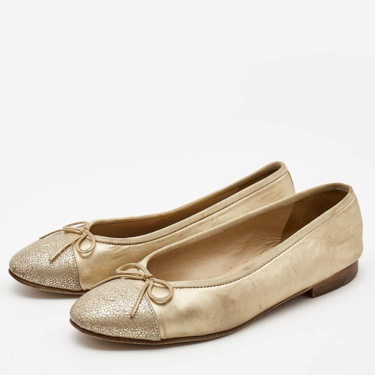 Chanel Gold Leather and Textured CC Cap Toe Bow Ballet Flats Size 37.5