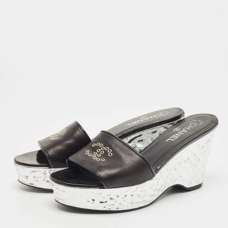 Chanel Black Leather Wedge Platform Slide Sandals Size 39