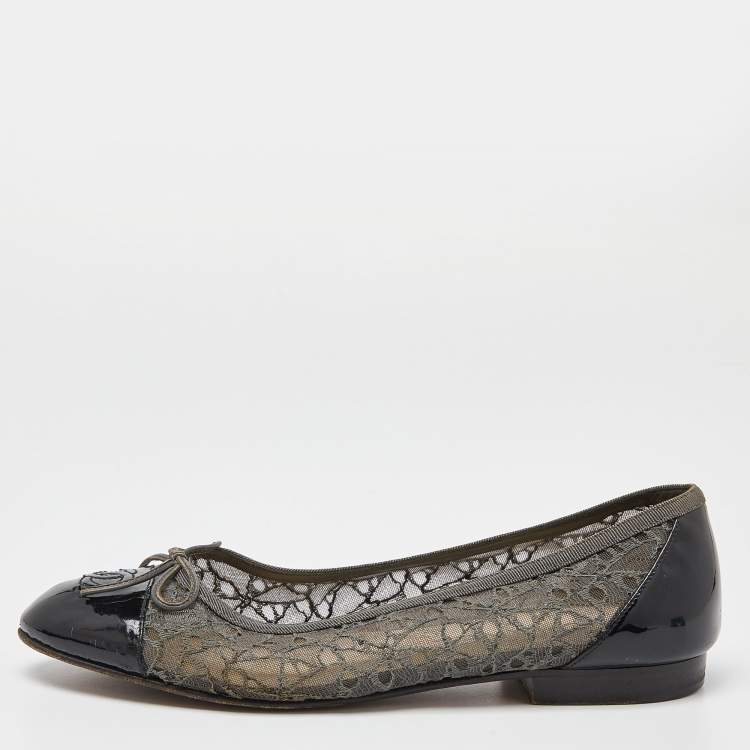Chanel Grey/Black Lace and Patent Leather CC Cap Toe Ballet Flats