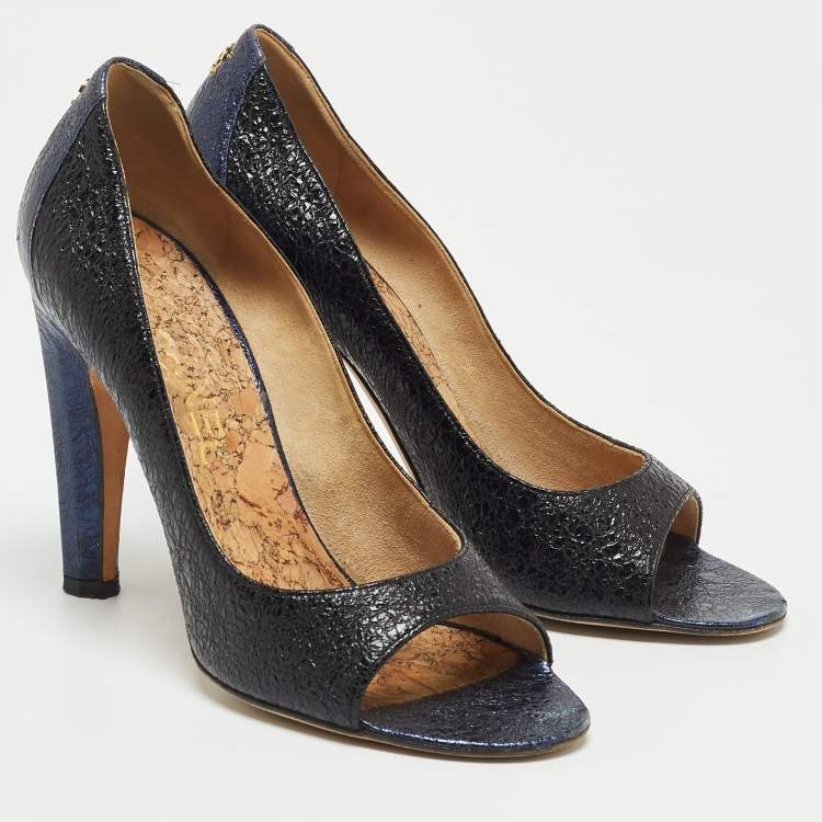 Pre Owned Chanel Black/Blue Crackled Leather Open Toe Pumps Size 37.5