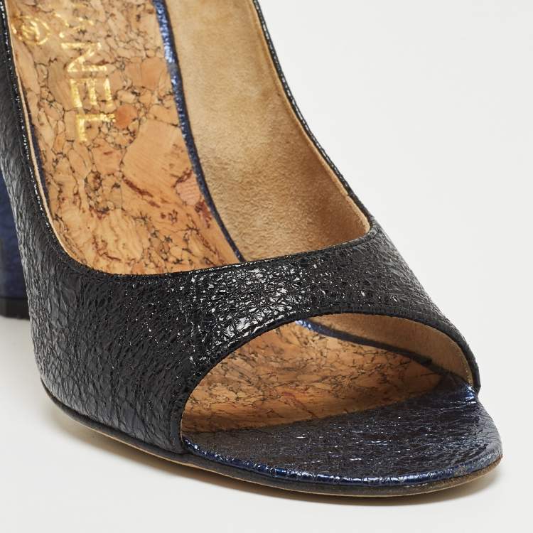 Pre Owned Chanel Black/Blue Crackled Leather Open Toe Pumps Size 37.5