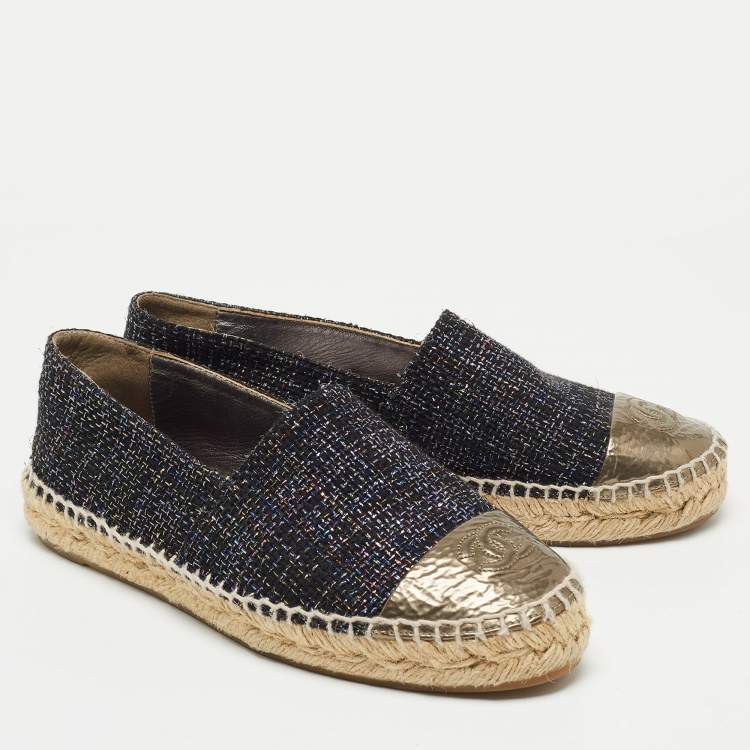 Pre Owned Chanel Multicolor Woven Fabric and Leather, CC Cap Toe Ballet Flats Size 37