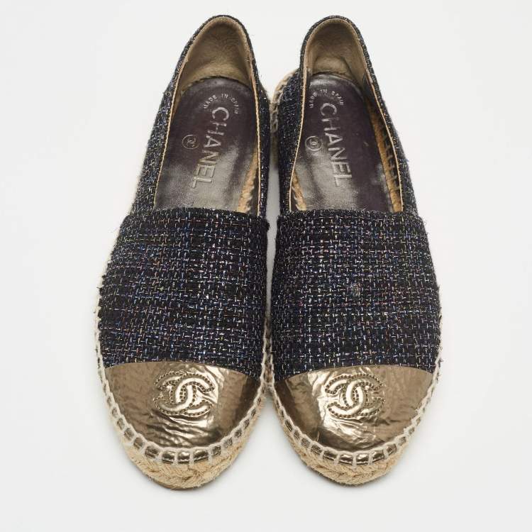 Pre Owned Chanel Multicolor Woven Fabric and Leather, CC Cap Toe Ballet Flats Size 37