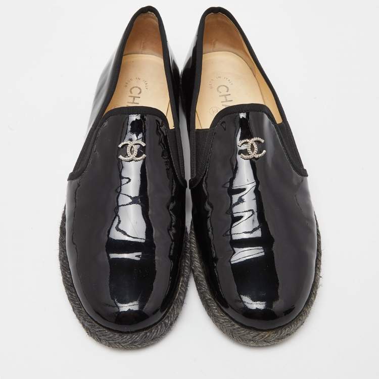 Pre Owned Chanel Black Patent Leather Flattie CC Logo Espadrille Loafers Size 38
