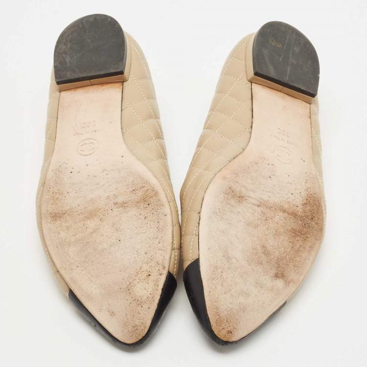 Pre Owned Chanel Beige/Black Quilted Leather Ballet Flats Size 38