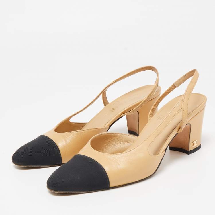 Chanel Beige/Black Leather and Fabric Cap Toe CC D'orsay Slingback Pumps  Size 36.5 Chanel