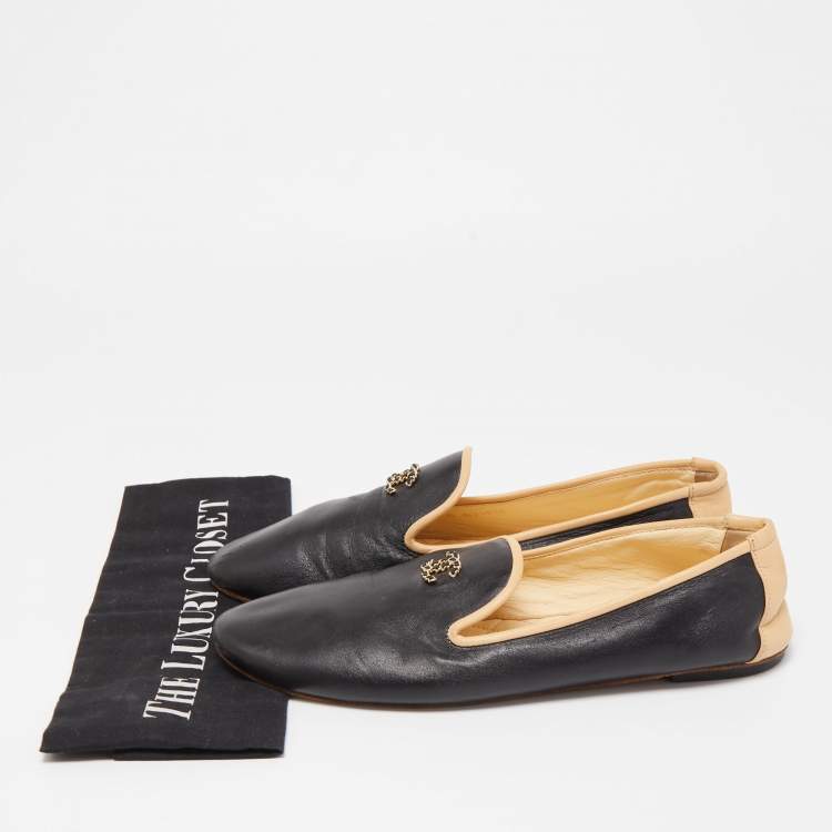 Pre Owned Chanel Black/Beige Leather CC Smoking Slippers Size 39.5