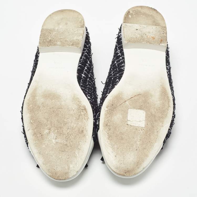 Pre Owned Chanel Black/White Tweed and Patent Leather CC Cap Toe Bow Ballet Flats Size 38.5