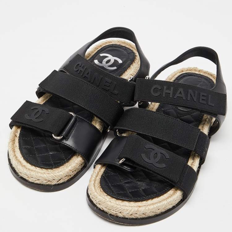 Chanel Black Leather and Grosgrain Velcro Dad Sandals Size 35
