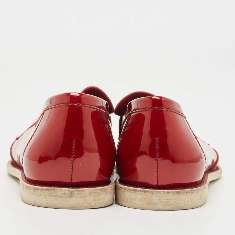 Pre Owned Chanel Red Patent Leather CC  Loafers Size 37.5