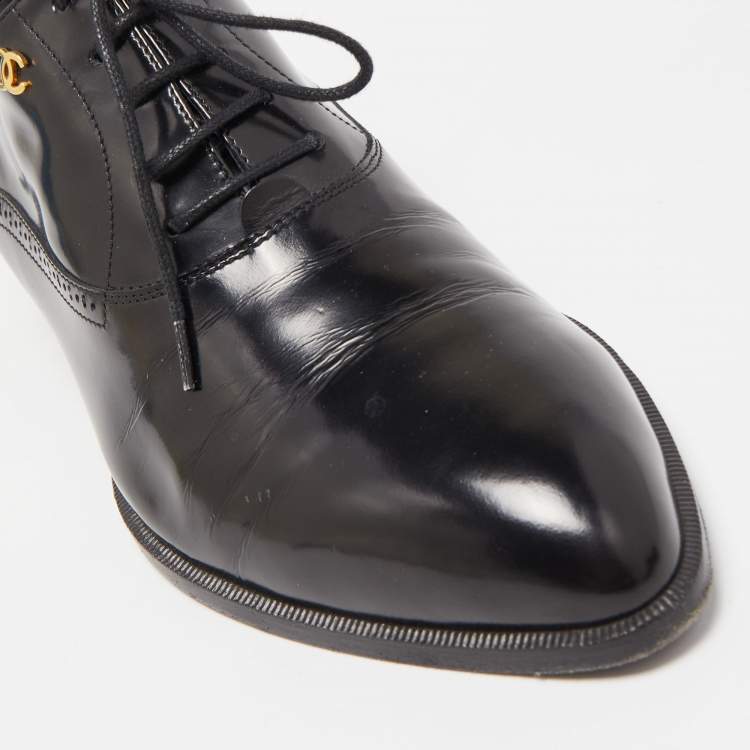 Pre Owned Chanel Black Leather Lace Up Oxfords Size 37.5