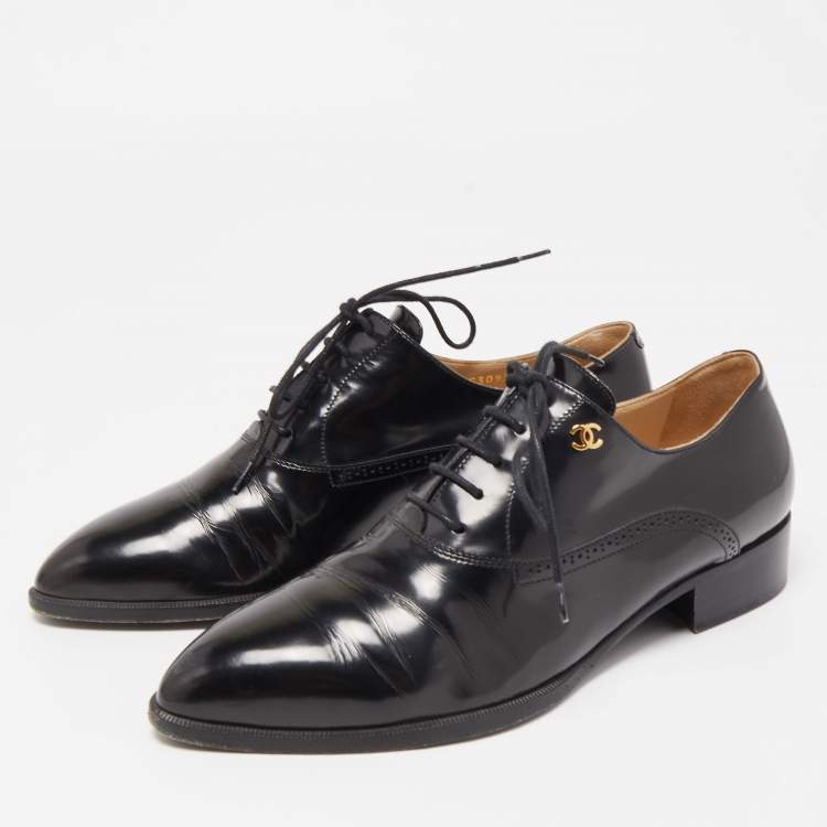 Pre Owned Chanel Black Leather Lace Up Oxfords Size 37.5