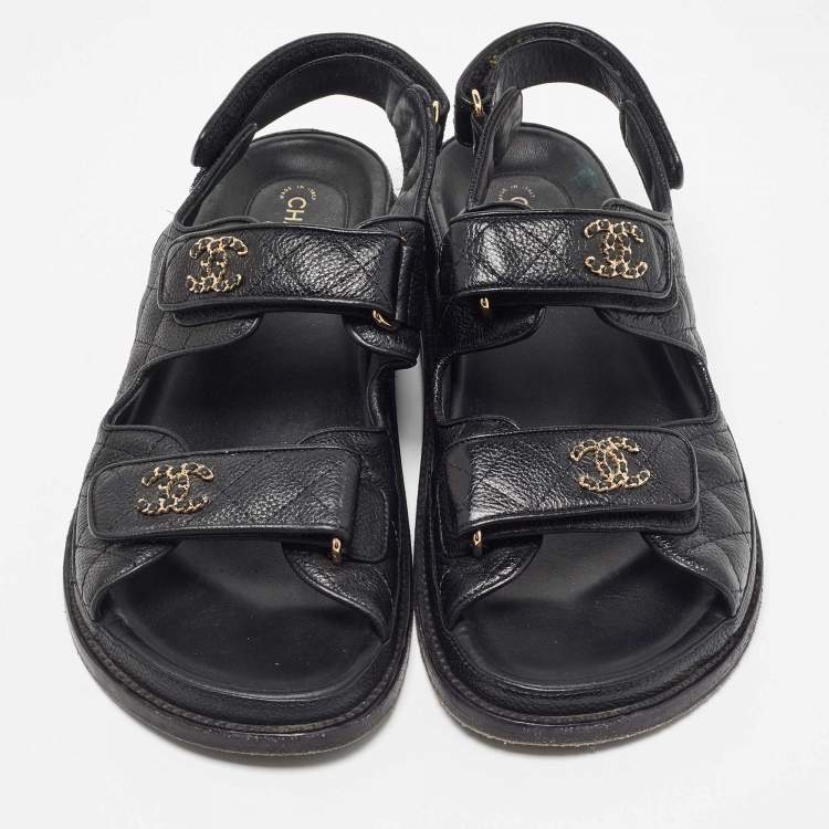 Pre Owned Chanel Black Quilted Leather CC Dad Sandals Size 39.5