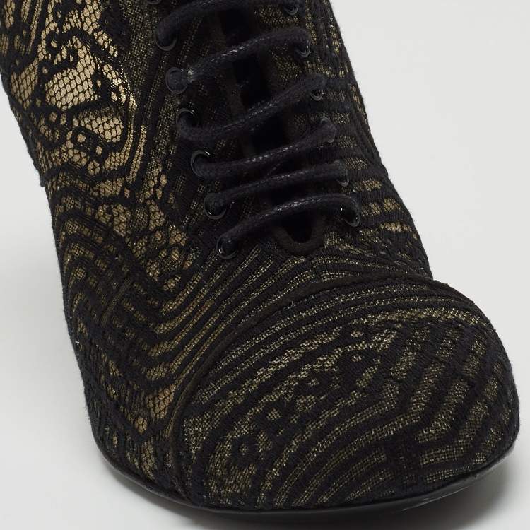 Pre Owned Chanel Black Lace and Suede Lace Up Ankle Booties Size 37