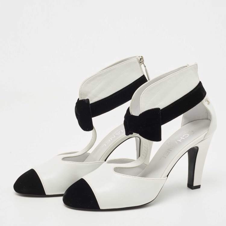 Chanel White/Black Leather And Velvet Cap Toe CC Bow Cut Out Ankle