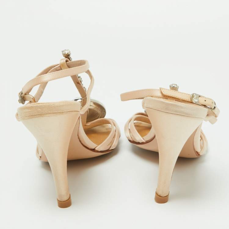 Pre Owned Chanel  Beige Satin Crystal Embellished Slingback Sandals Size 39.5